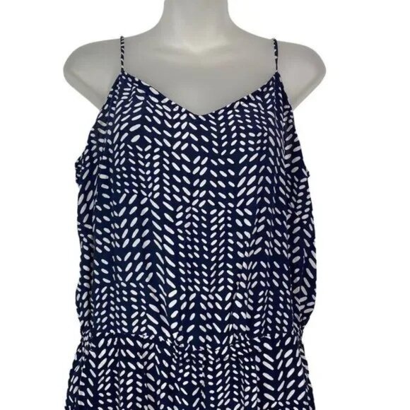 LOFT NAVY & WHITE GEOMETRICAL PATTERN SLEEVELESS JUMPSUIT MEDIUM-EUC - Picture 3 of 12